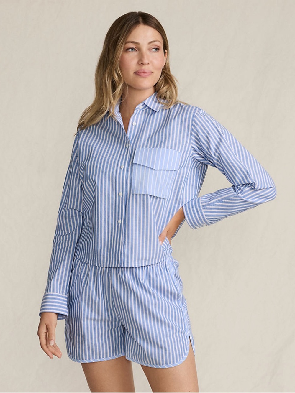 Land’s End Cotton Poplin Blue & Pink Pinstriped Pajama Set Long Sleeves & Shorts